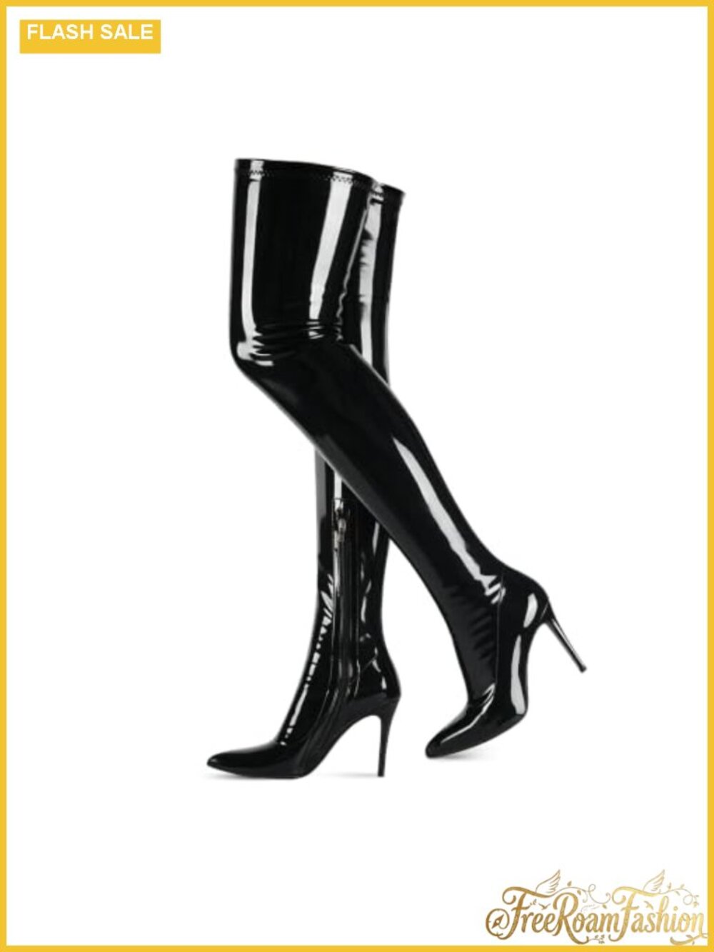 Thigh High Boots Pointy Toe Side Zip Stiletto Heel Patent Leather PU Over The